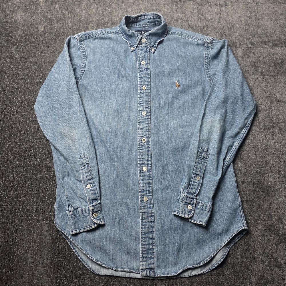 Vintage 1990s Ralph Lauren Flesh Pony Denim Button Down Shirt Rare Mens Small S